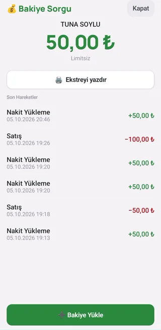 Bakiye sorgu ekranı: öğrencinin bakiyesi 50 TL, altında son yüklemeler ve harcamalar