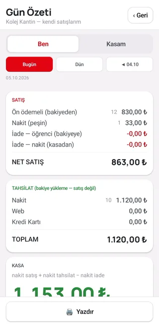 Gün özeti ekranı: günün satış, yükleme ve kasadaki nakit toplamları
