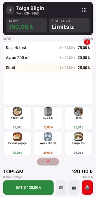 Kantinim POS'taki satış ekranı: öğrencinin adı, bakiyesi ve günlük limiti üstte, sepette üç ürün, toplam 120 TL, kalan bakiye 30 TL