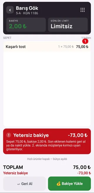 Yetersiz bakiye uyarısı: sepet tutarı öğrencinin bakiyesini aşıyor, ekranda bakiye yükleme düğmesi