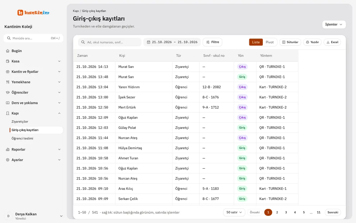 Giriş-çıkış kayıtları ekranı: bir günün turnike geçişleri; kişi, saat, giriş ya da çıkış