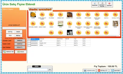 Kantinim Windows'un hızlı satış ekranı: solda öğrencinin adı ve kart bakiyesi, sağda resimli ürün menüsü, altta üç ürünlük satış fişi, toplam 150 TL