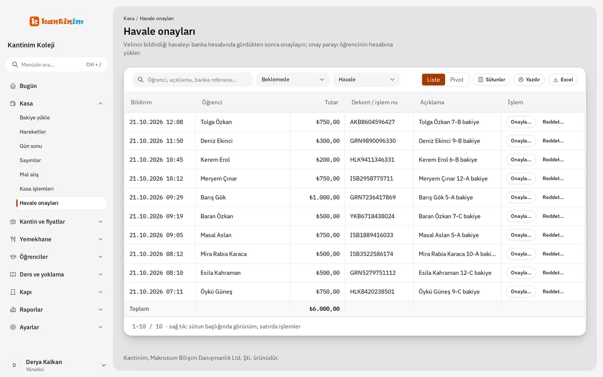 Havale onayları ekranı: velilerden gelen 10 bekleyen bildirim, toplam 6.000 TL; dekont numarası, onayla ve reddet