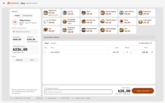 Kantinim Online'ın satış ekranı: solda öğrencinin bakiyesi, üstte fiyatlı ürün düğmeleri, altta sepet ve satışı tamamla düğmesi
