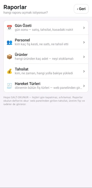 Raporlar ekranı: Gün Özeti, Personel, Ürünler, Tahsilat ve Hareket Türleri, her birinin altında ne gösterdiği