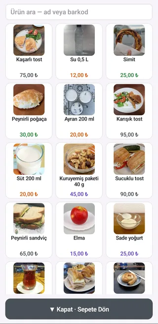 Ürün arama ekranı: kaşarlı tost 75 TL, su 12 TL, simit 25 TL, peynirli poğaça 30 TL gibi ürünler resmi ve fiyatıyla