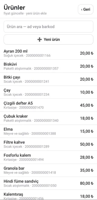 Ürünler ekranı: arama kutusu ve Yeni ürün düğmesi; altında ayran 20 TL, bisküvi 20 TL, çay 10 TL gibi ürünler grubu ve barkoduyla