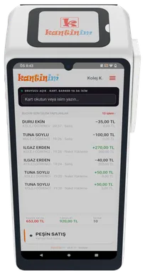 Kantinim POS'un ana ekranı: kart okutma alanı, bugünkü son işlemler, günün satış ve tahsilat toplamı