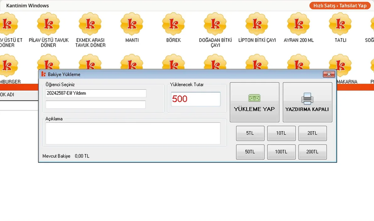 Bakiye Yükleme penceresi: öğrenci seçili, yüklenecek tutar 500, Yükleme Yap düğmesi ve 5–200 TL arası tutar düğmeleri