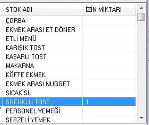 Kantinim Windows’ta öğrencinin Yasaklı - Limitli Ürünler listesi: Stok Adı ve İzin Miktarı sütunları, sucuklu tostun izin miktarı 1