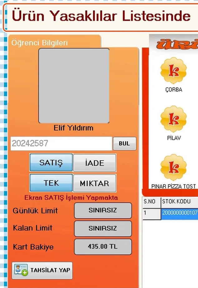 Kantinim Windows’ta Hızlı Satış ekranının üstünde Ürün Yasaklılar Listesinde uyarısı; solda öğrencinin günlük limiti ve kart bakiyesi