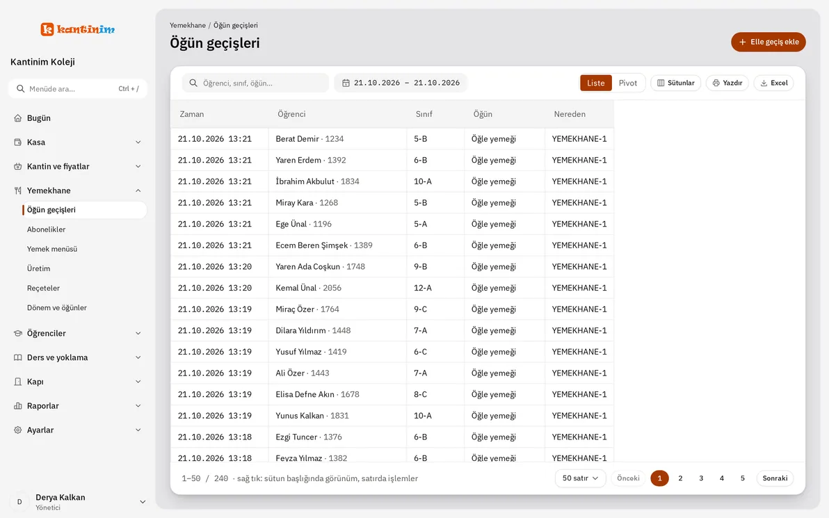 Öğün geçişleri ekranı: bugün öğle yemeğinde 240 geçiş; saat, öğrenci, sınıf, öğün ve turnike
